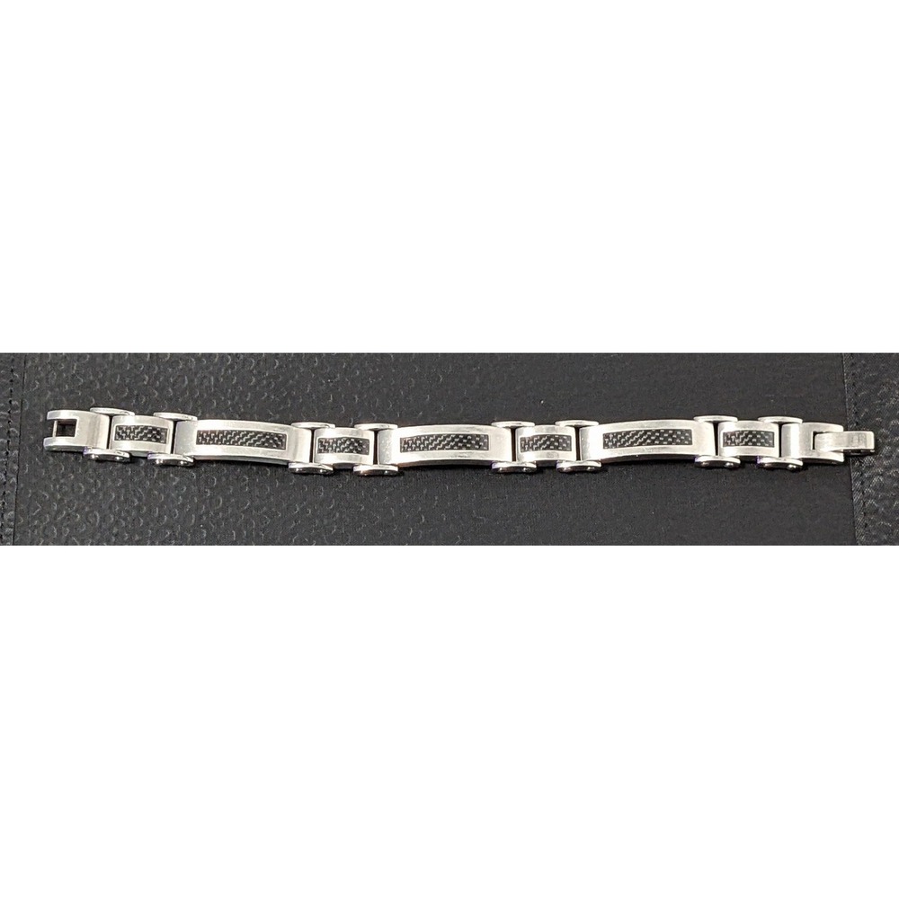 STC Italy Link Bracelet Mens 8.25" Silver Stainless Steel Carbon Fiber Inlay